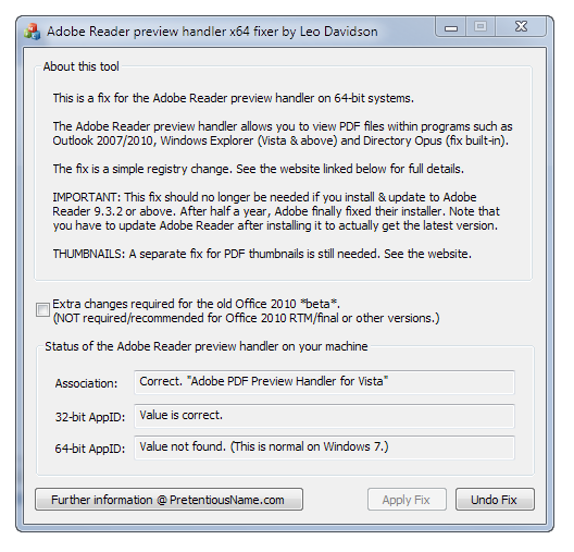 Adobe Reader preview handler x64 fixer screenshot